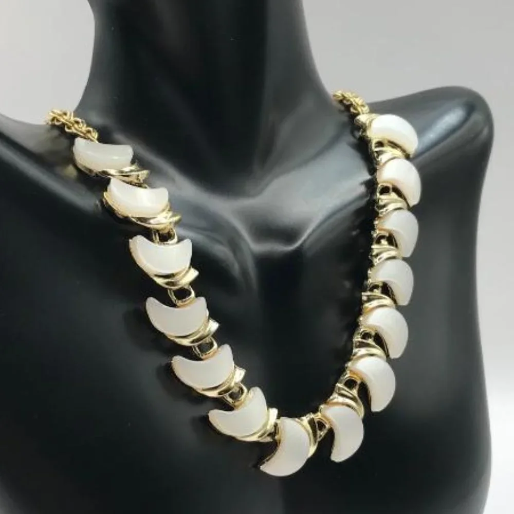 Gold-Tone & Thermoset Pearlescent Crescent Moon Necklace - Picture 2 of 9